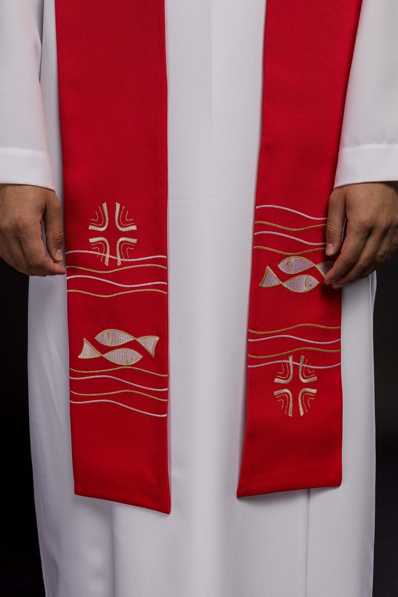 Bestickte Priesterstola Fisch Rot - MESSGEWANDER.DE