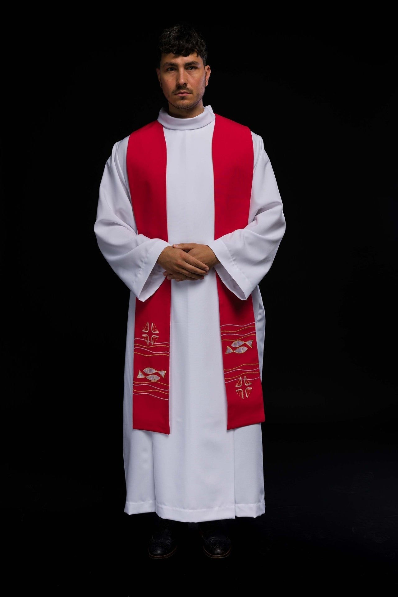 Bestickte Priesterstola Fisch Rot - MESSGEWANDER.DE
