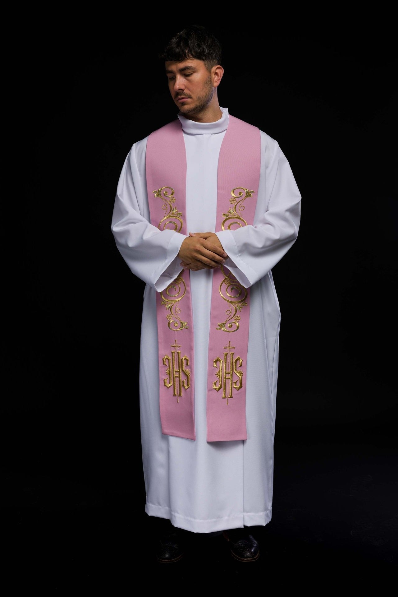 Bestickte Priesterstola IHS Rosa - MESSGEWANDER.DE