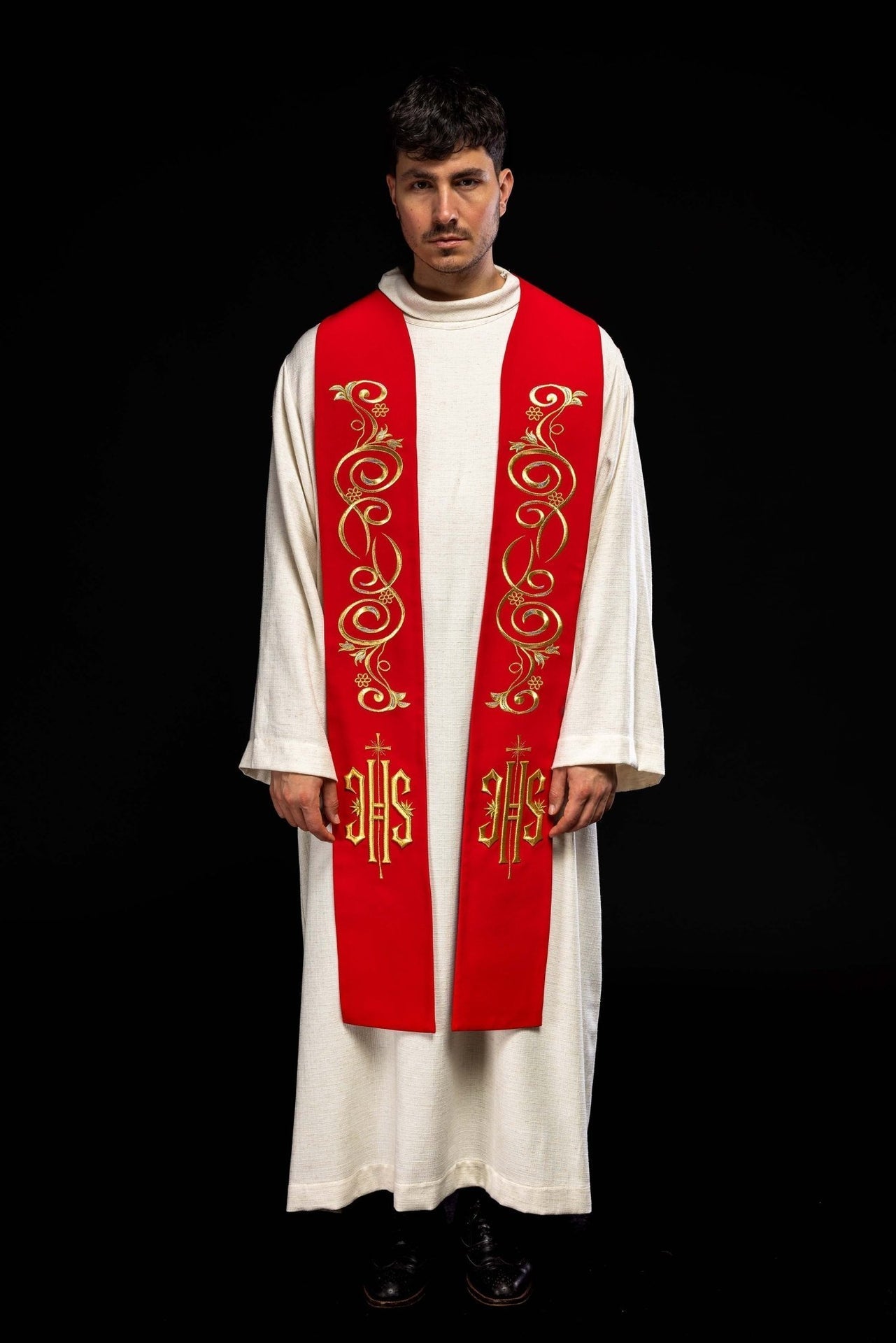 Bestickte Priesterstola IHS Rot - MESSGEWANDER.DE