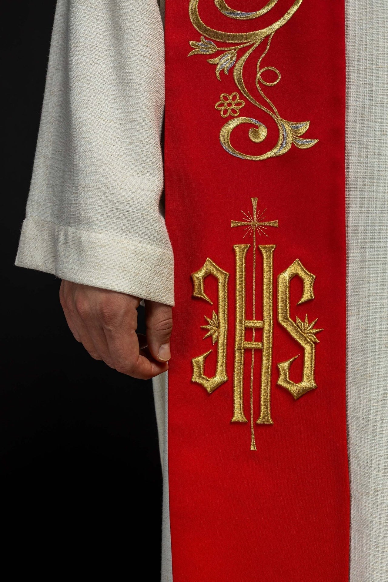 Bestickte Priesterstola IHS Rot - MESSGEWANDER.DE