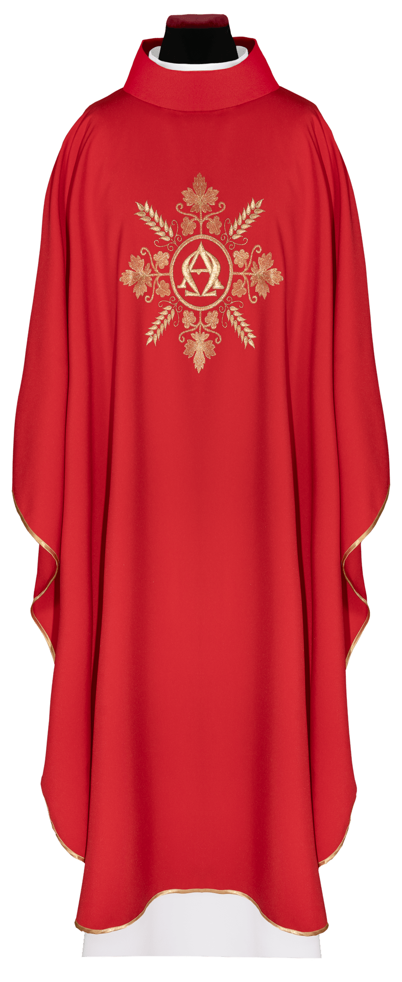 Bestickte rote Kasel mit Alpha und Omega-Motiv und Ähren - MESSGEWANDER.DE