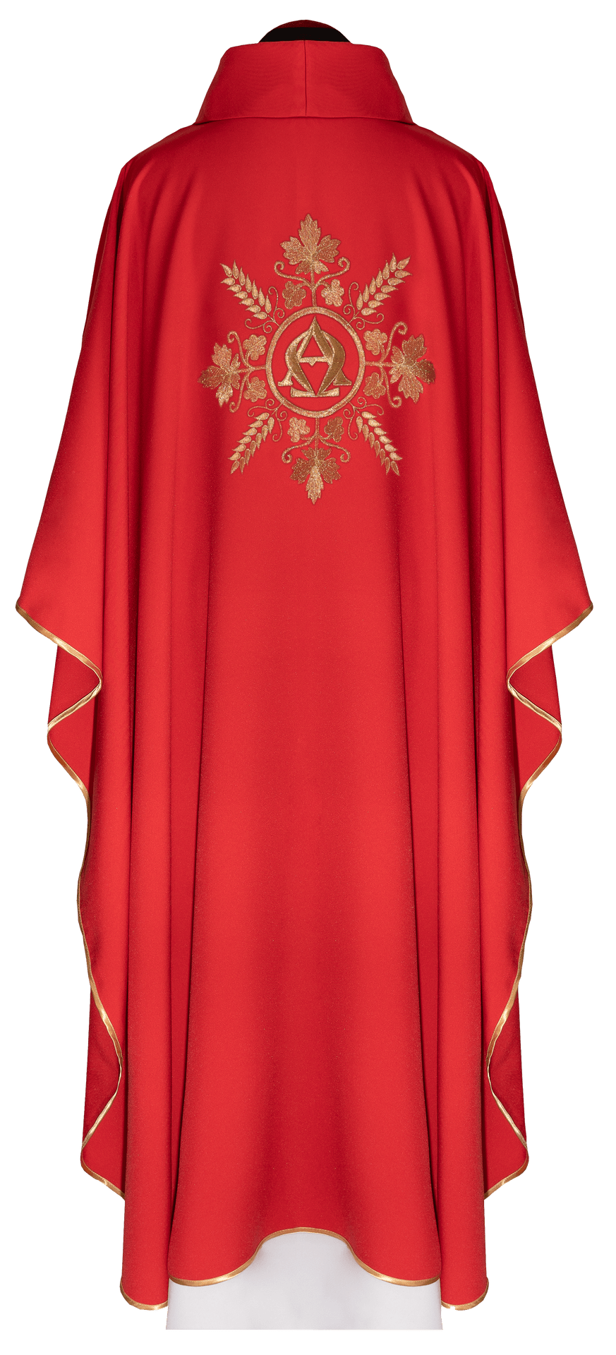 Bestickte rote Kasel mit Alpha und Omega-Motiv und Ähren - MESSGEWANDER.DE