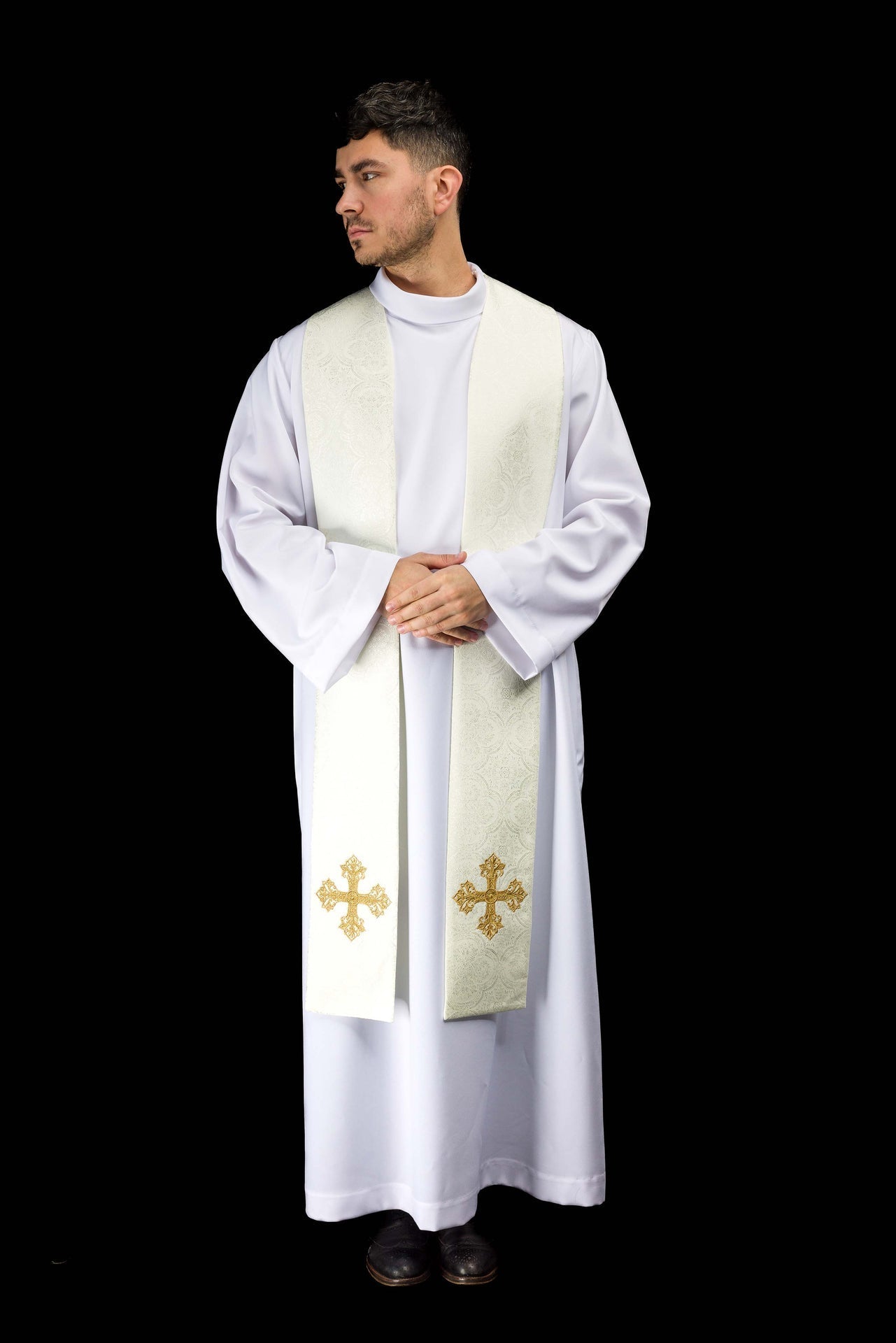 Bestickte Stola mit Kreuzmotiv aus ecrufarbenem Jacquardstoff - MESSGEWANDER.DE