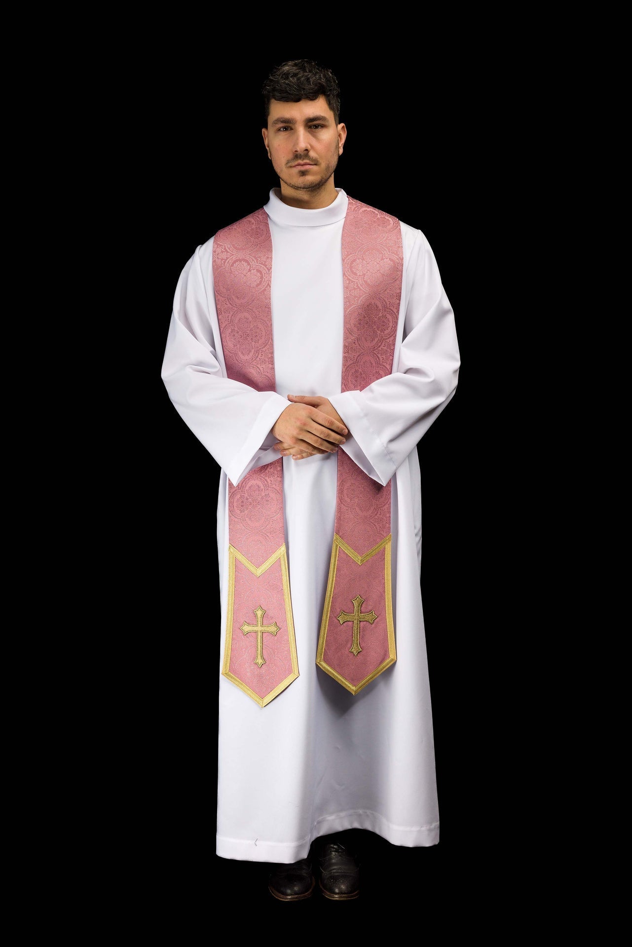 Bestickte Stola mit Kreuzmotiv aus rosafarbenem Jacquardstoff - MESSGEWANDER.DE