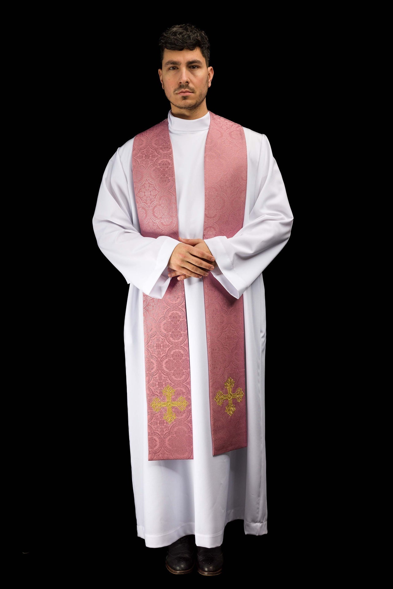 Bestickte Stola mit Kreuzmotiv aus rosafarbenem Jacquardstoff - MESSGEWANDER.DE