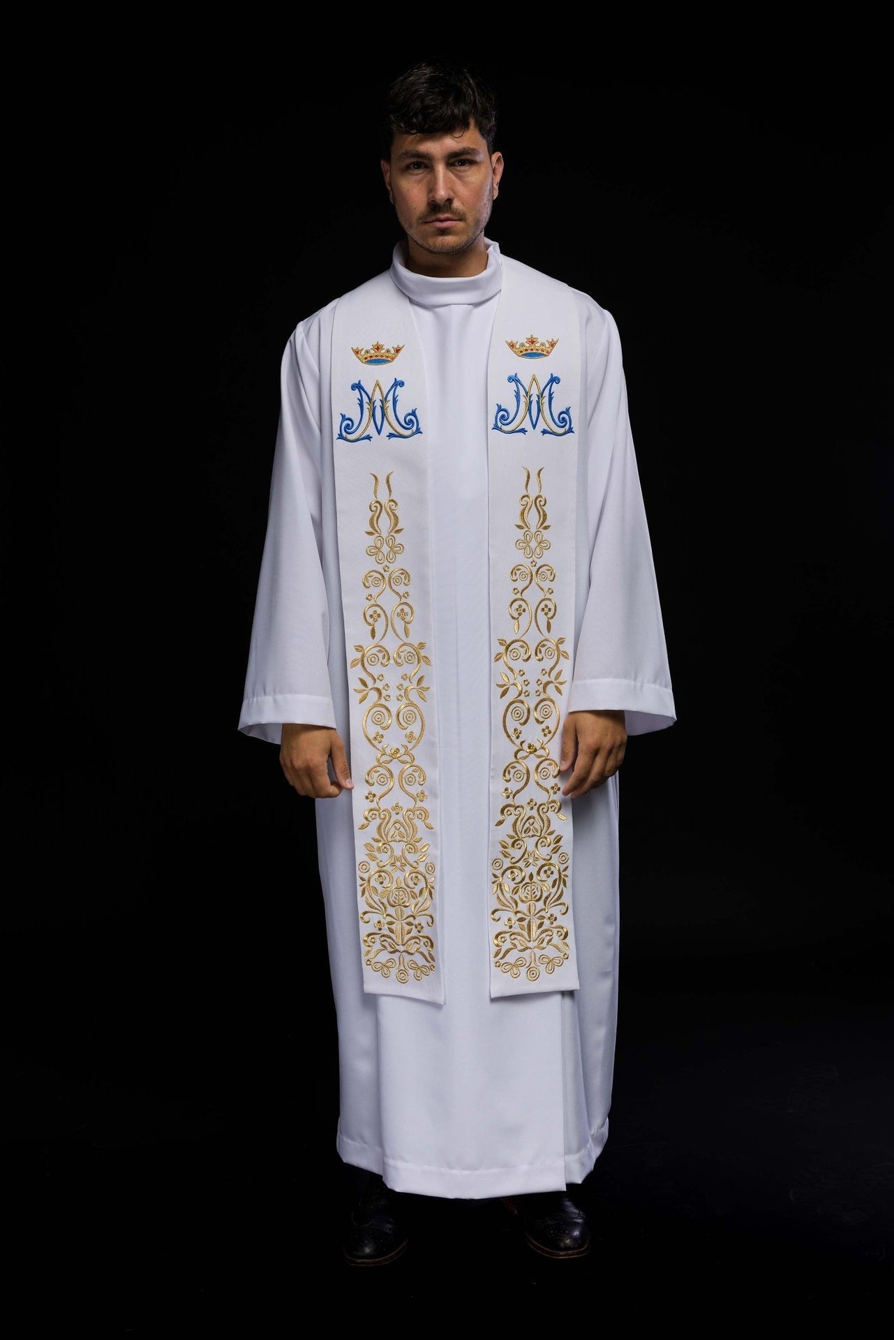 Bestickte weiße marianische Priesterstola - MESSGEWANDER.DE