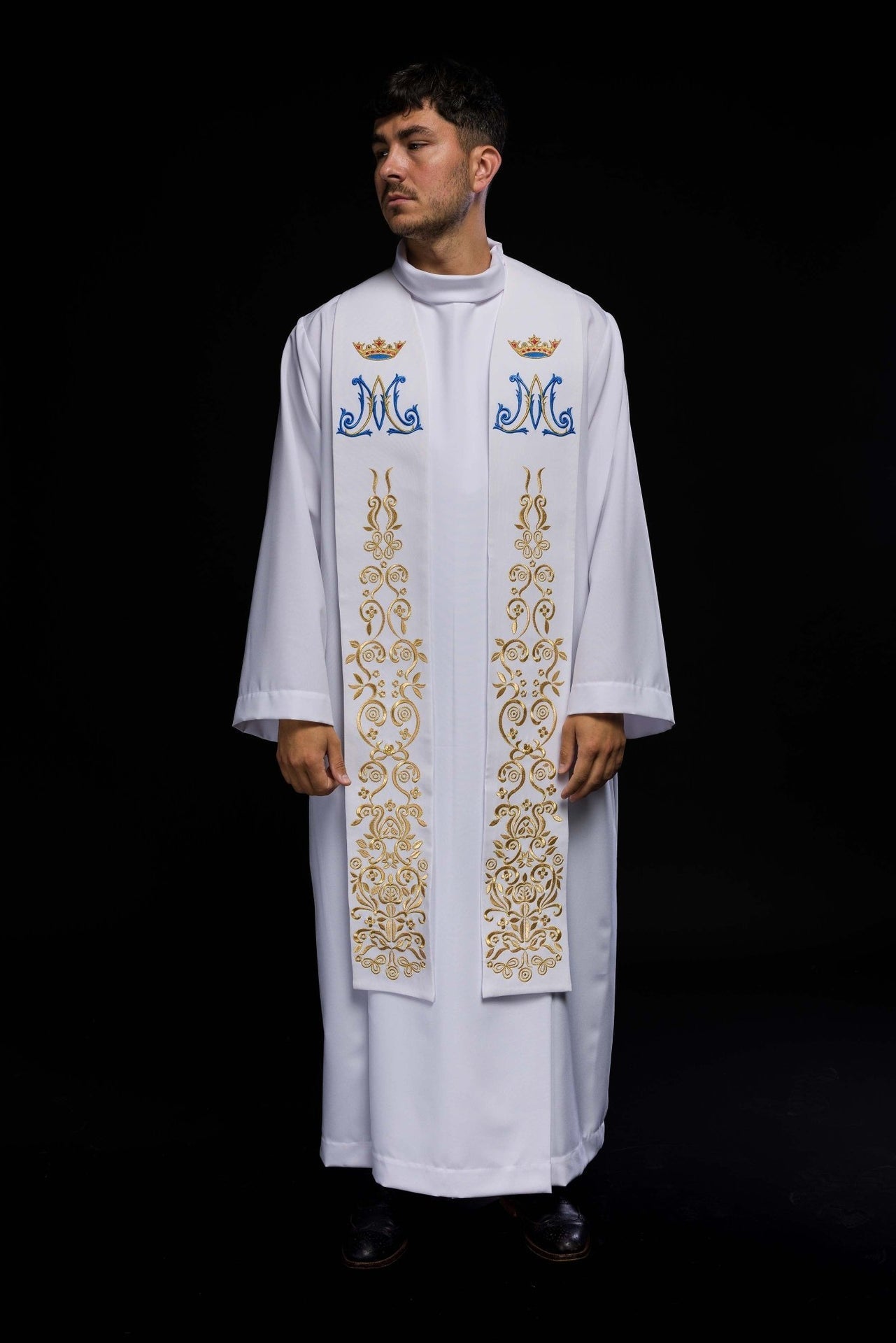 Bestickte weiße marianische Priesterstola - MESSGEWANDER.DE