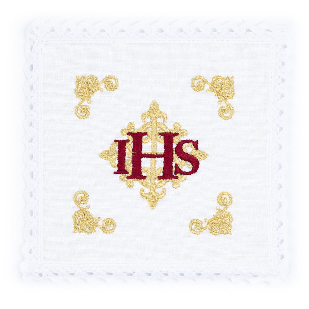 Bielizna kielichowa lniana haftowana czerwony symbol IHS