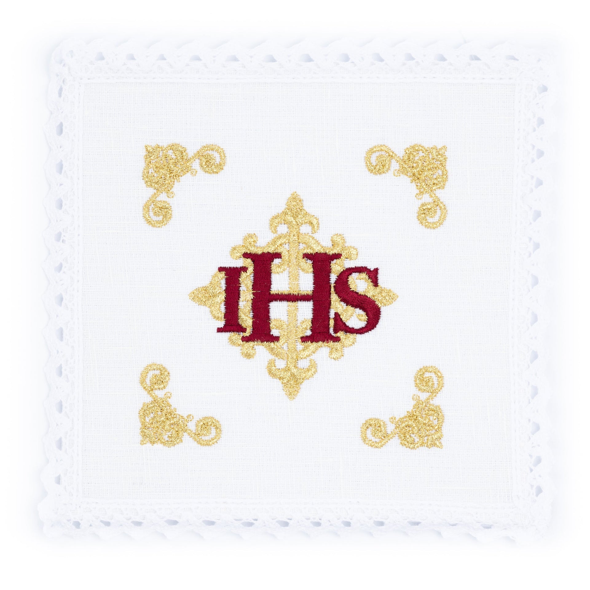 Bielizna kielichowa lniana haftowana czerwony symbol IHS