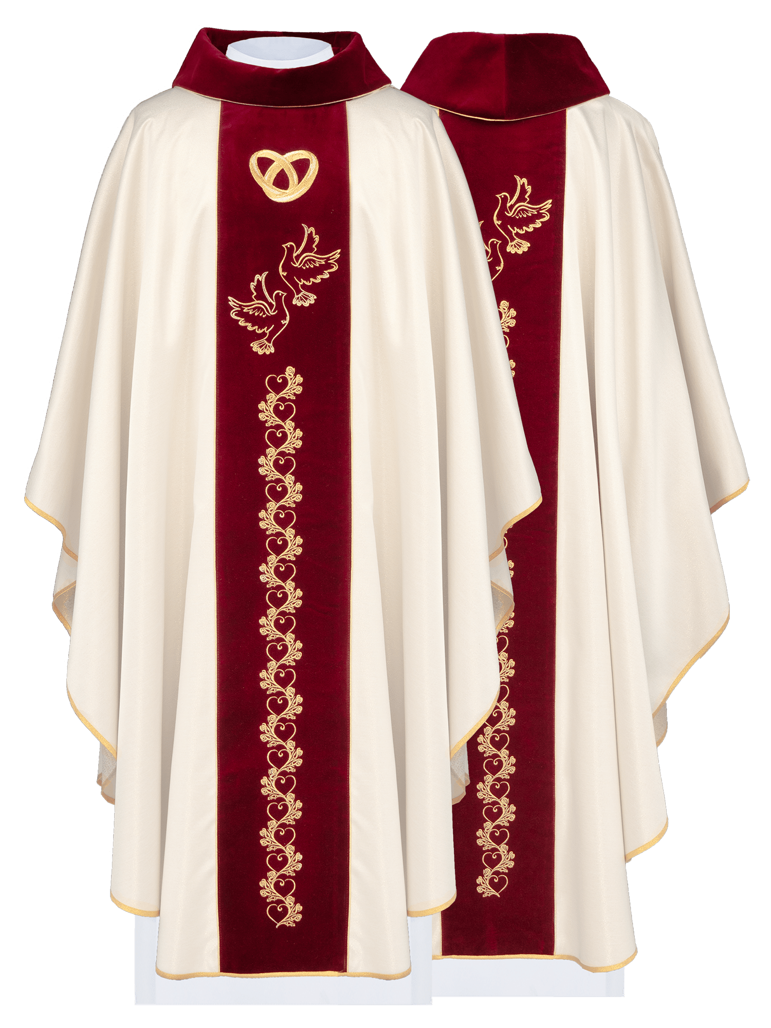 Chasuble in Ecru für die Hochzeit mit roter Samtschärpe - MESSGEWANDER.DE