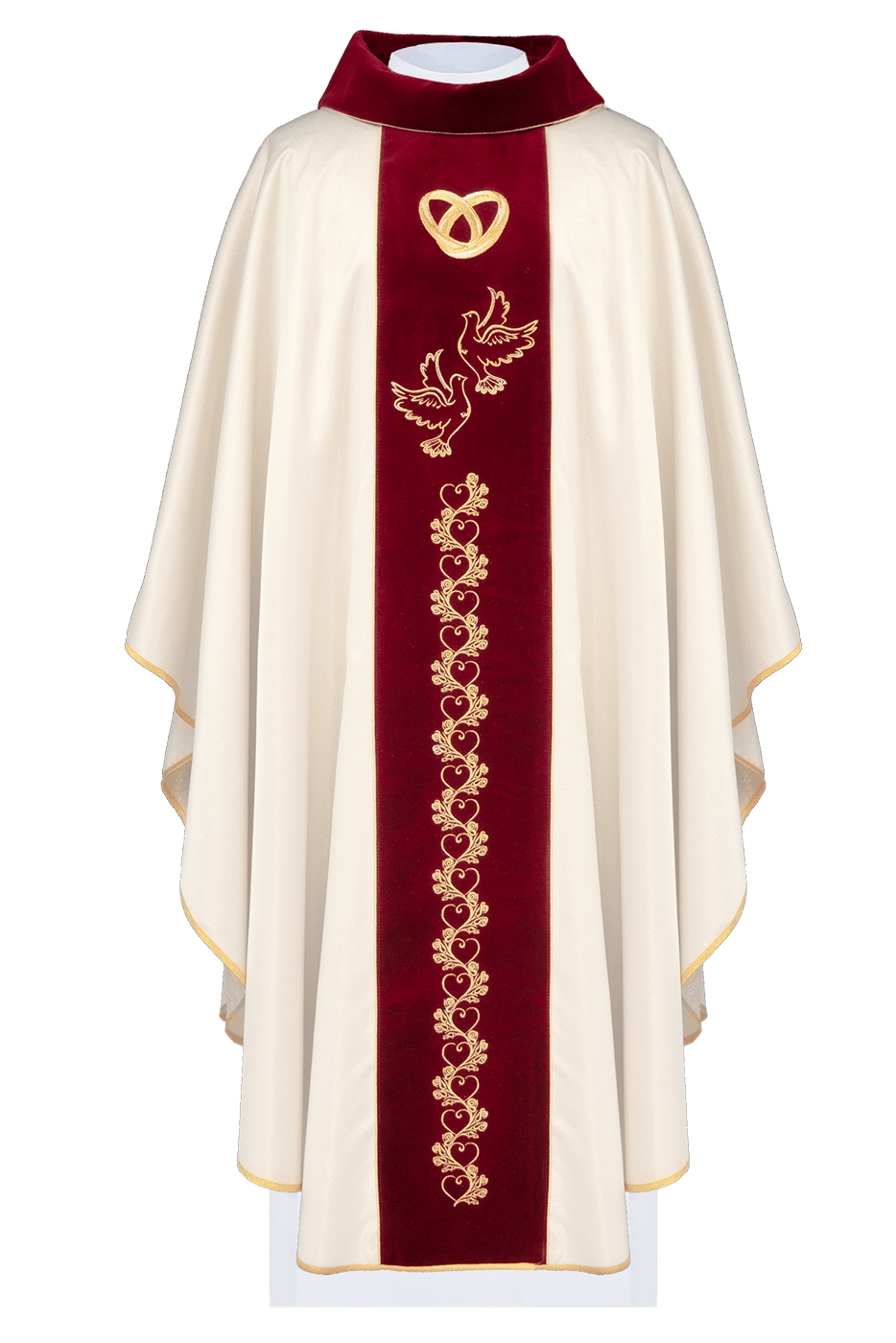 Chasuble in Ecru für die Hochzeit mit roter Samtschärpe - MESSGEWANDER.DE