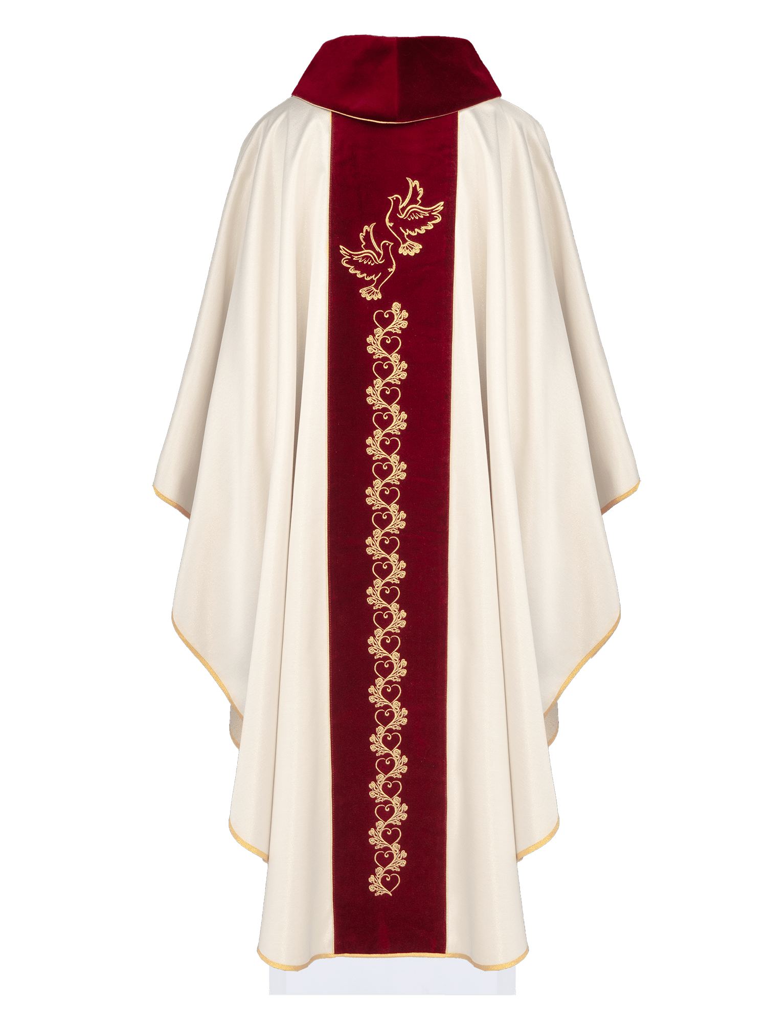 Chasuble in Ecru für die Hochzeit mit roter Samtschärpe - MESSGEWANDER.DE