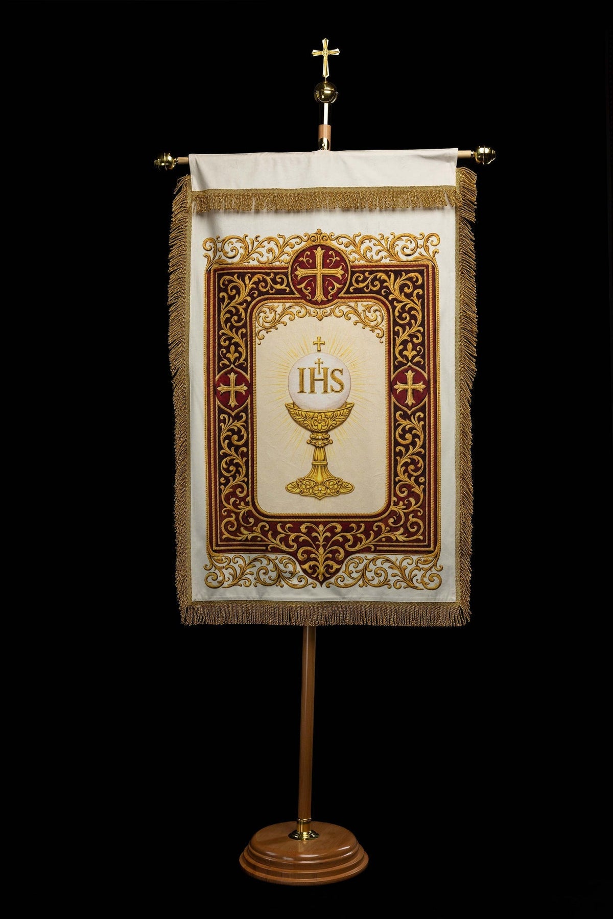 Liturgische Fahne, Rückseite in Weiß mit IHS-Kelch und Goldornamenten