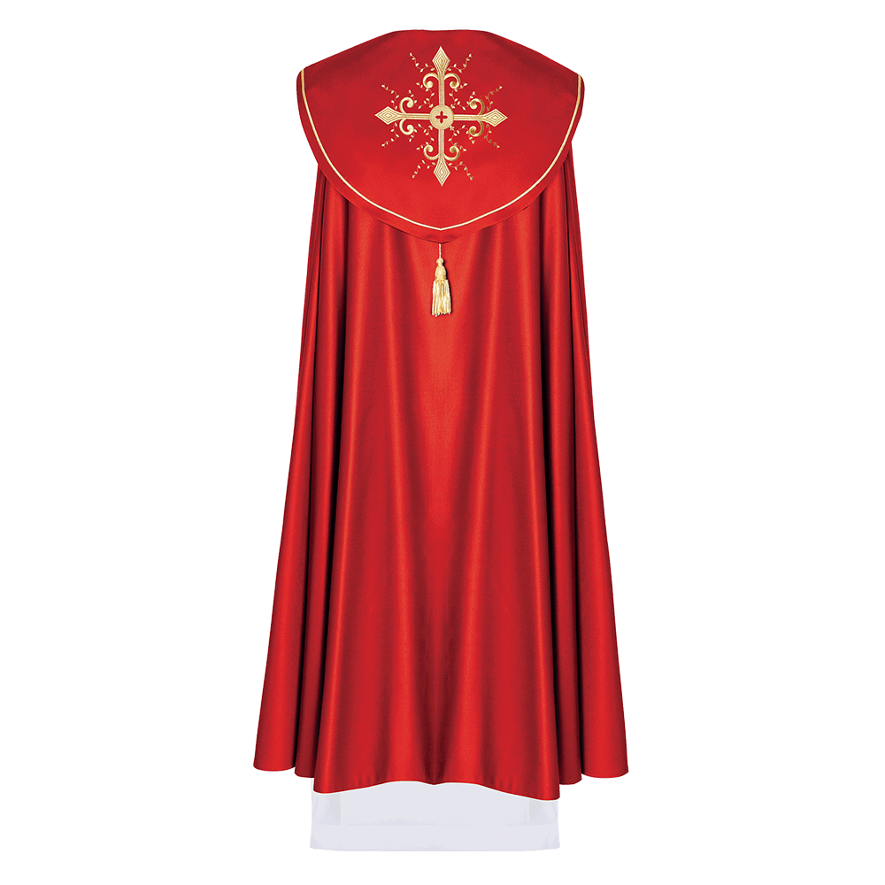 Rotes liturgisches Gewand mit goldenen Kreuzen bestickt