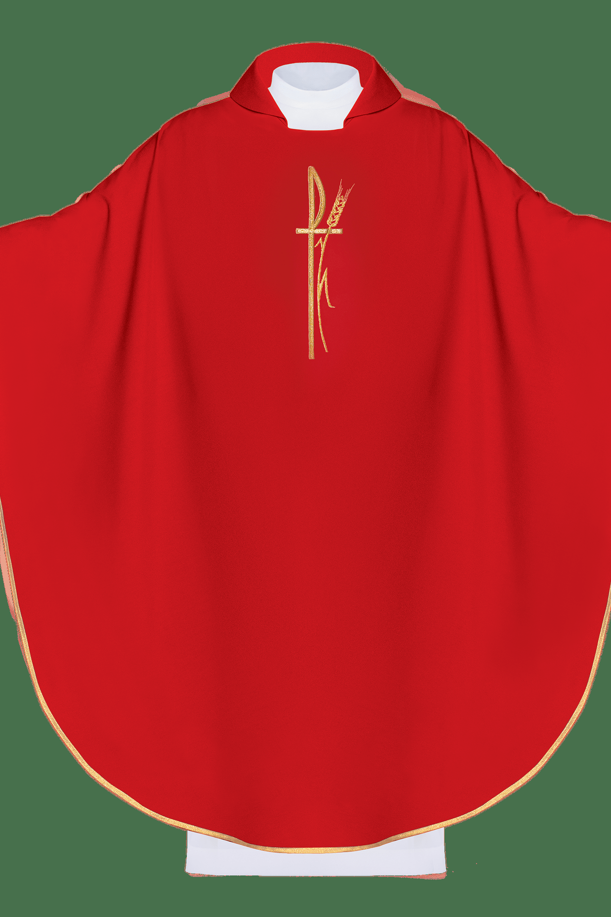 Rotes liturgisches Messgewand mit breitem Kragen und zart besticktem Kreuz