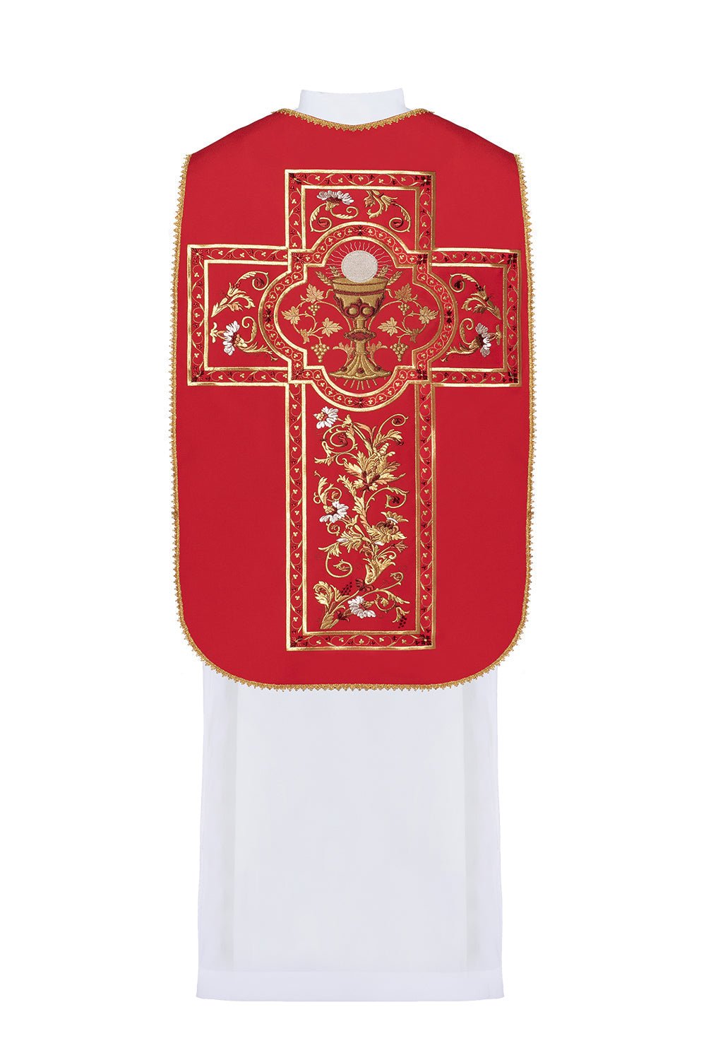 Rotes römisches Messgewand mit gesticktem eucharistischem Kelchmotiv