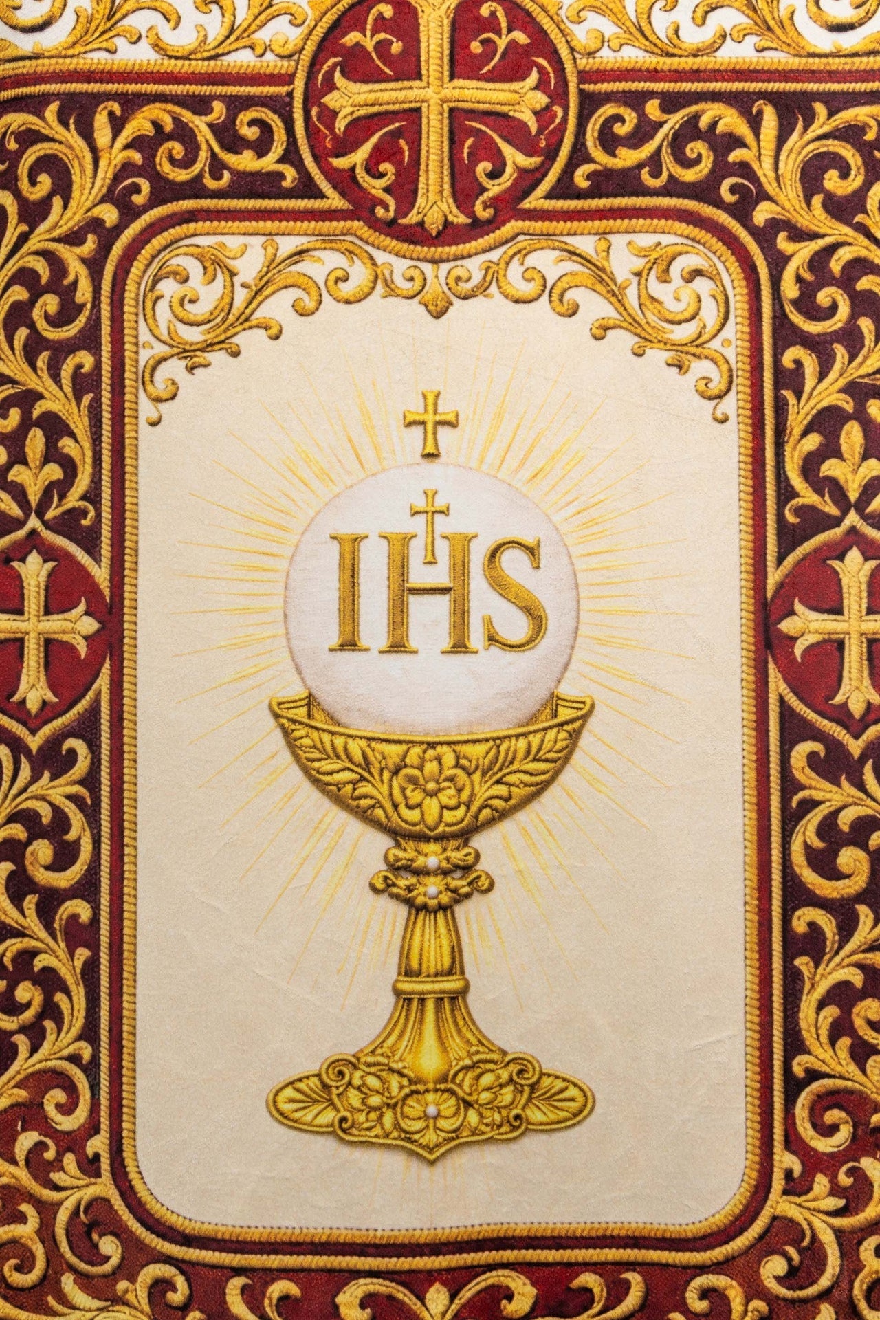 Doppelseitig bedruckte liturgische Fahne mit dem Heiligsten Herzen Jesu und dem IHS-Kelch - MESSGEWANDER.DE