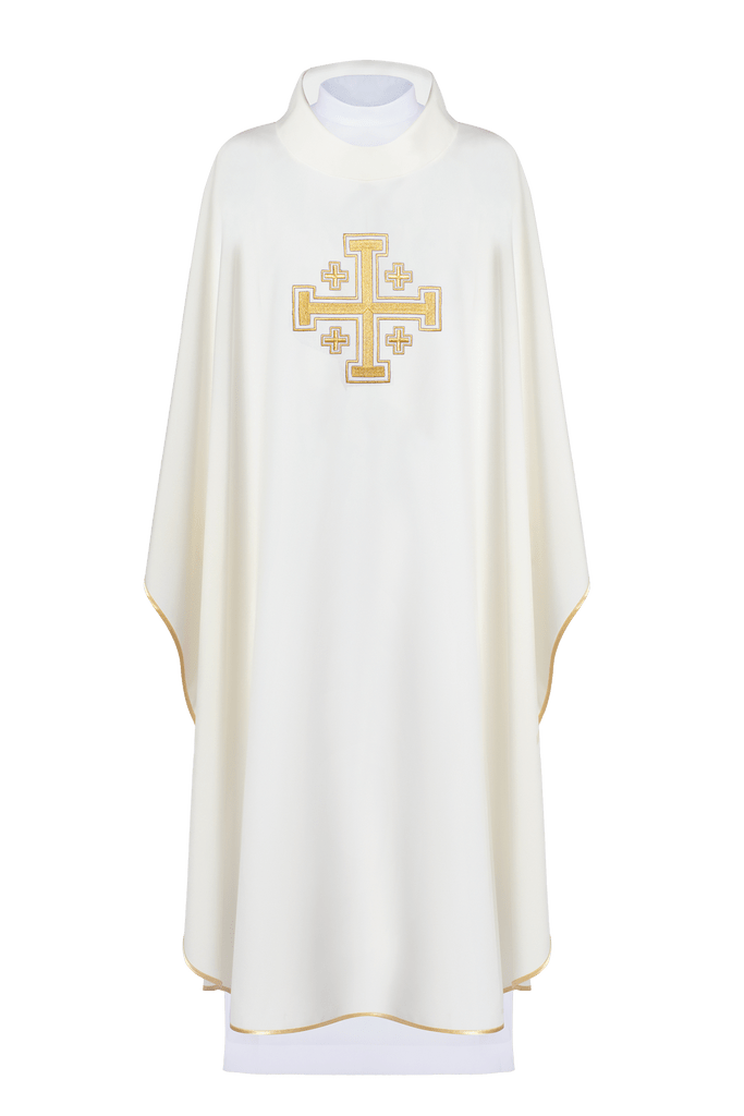 Ecru Kasel mit besticktem Jerusalemer Kreuz - MESSGEWANDER.DE