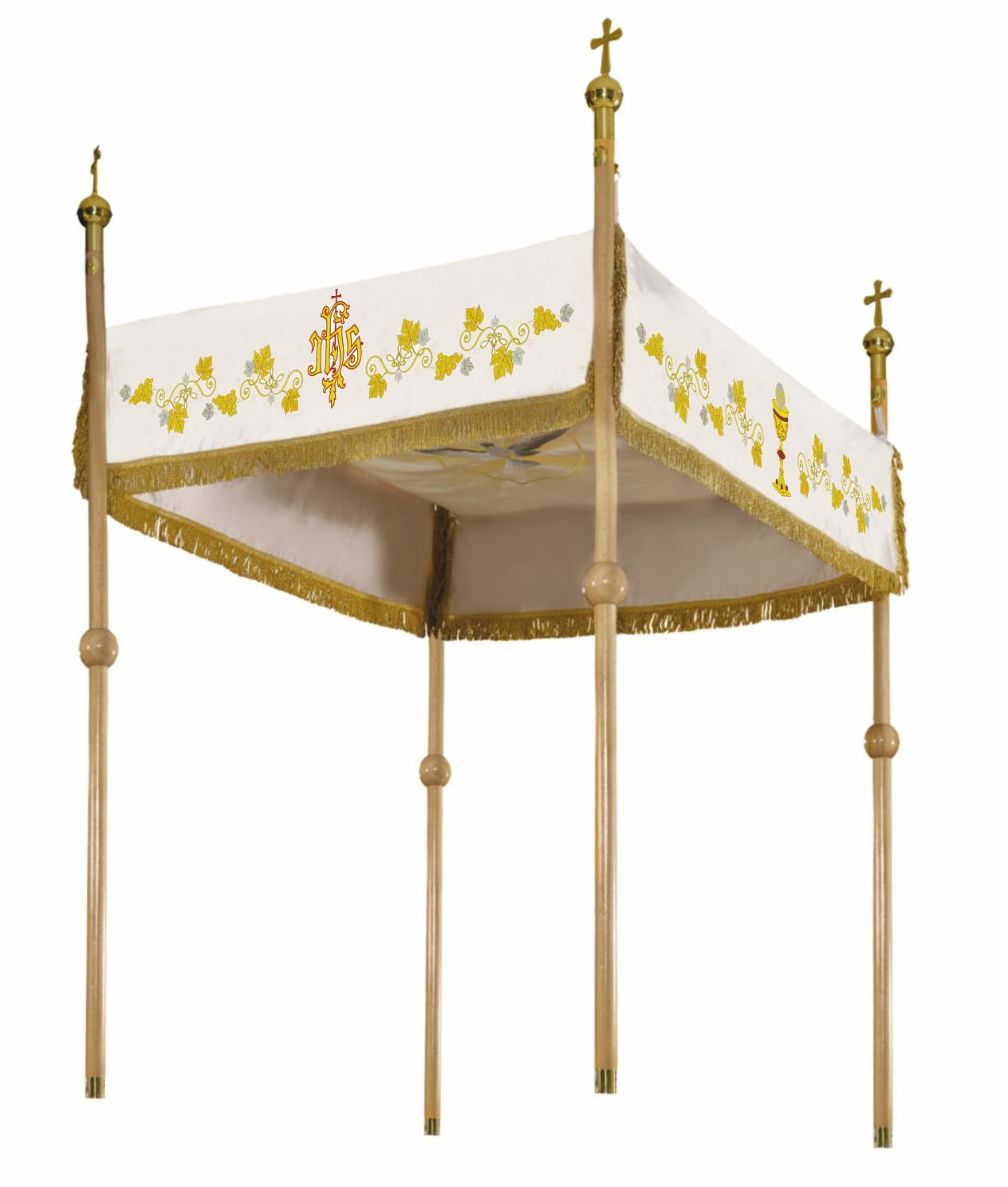 Ecrufarbener Kirchenbaldachin für Fronleichnam mit goldener Stickerei 140 × 160 cm - MESSGEWANDER.DE
