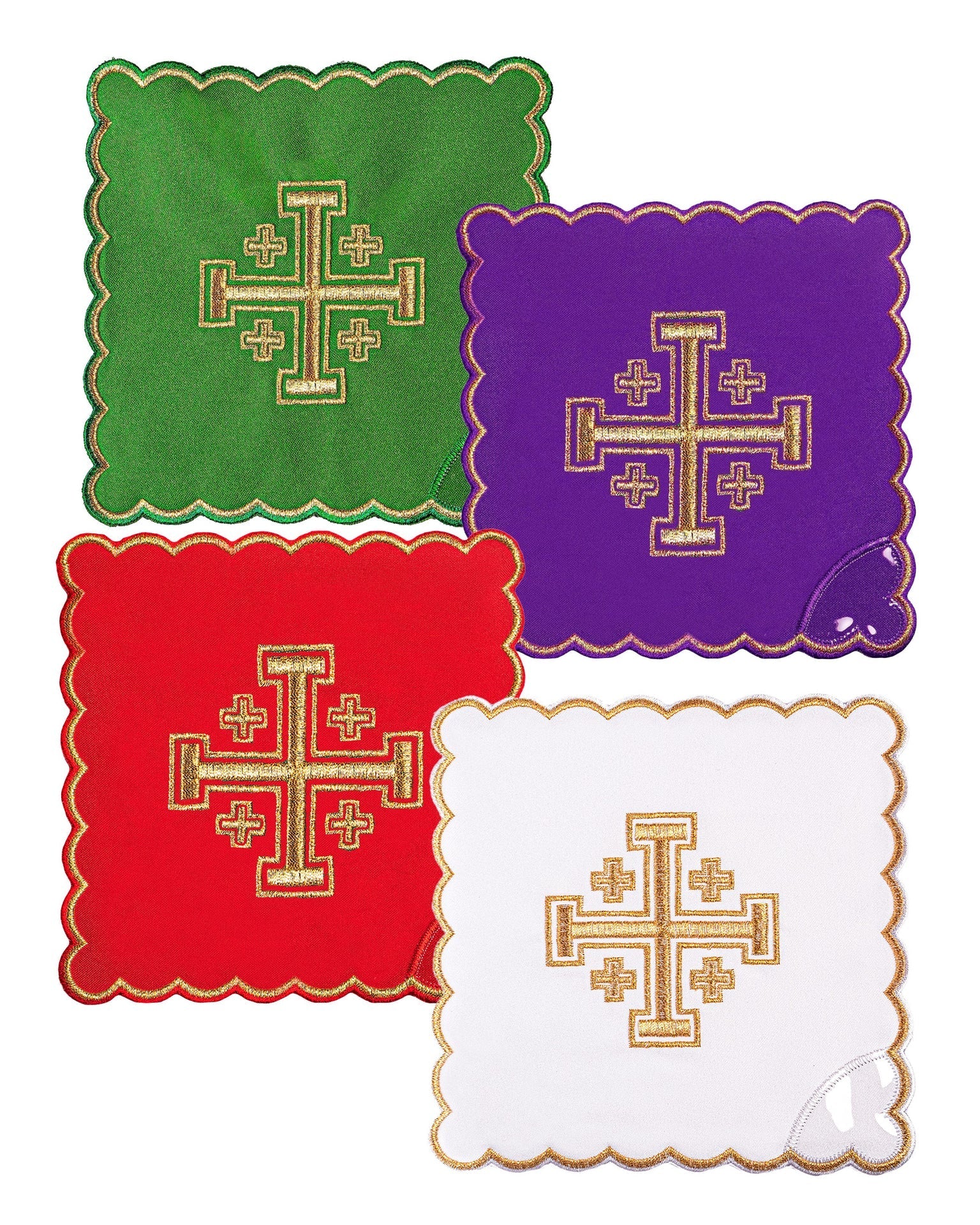 Ensemble de palles avec broderie de la croix de Jérusalem en quatre couleurs liturgiques - MESSGEWANDER.DE
