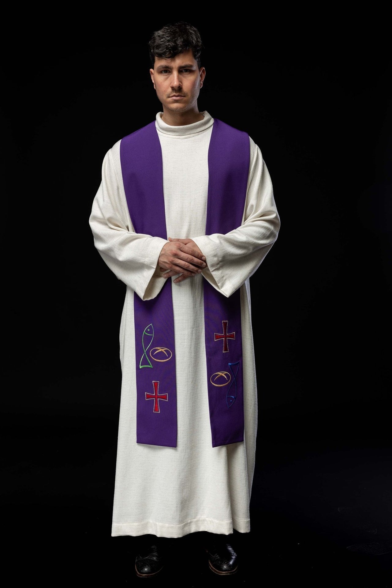 Fioletowa stuła kapłańska haftowana Ryba Chleb Krzyż