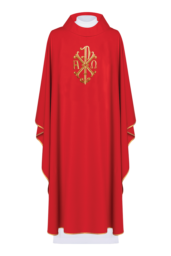 Gesticktes Messgewand Alpha und Omega Rot Gold Paspelierung - MESSGEWANDER.DE