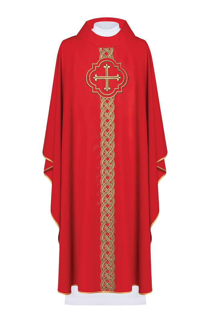 Gesticktes rotes Messgewand mit Kreuz und dekorativen Mustern - MESSGEWANDER.DE