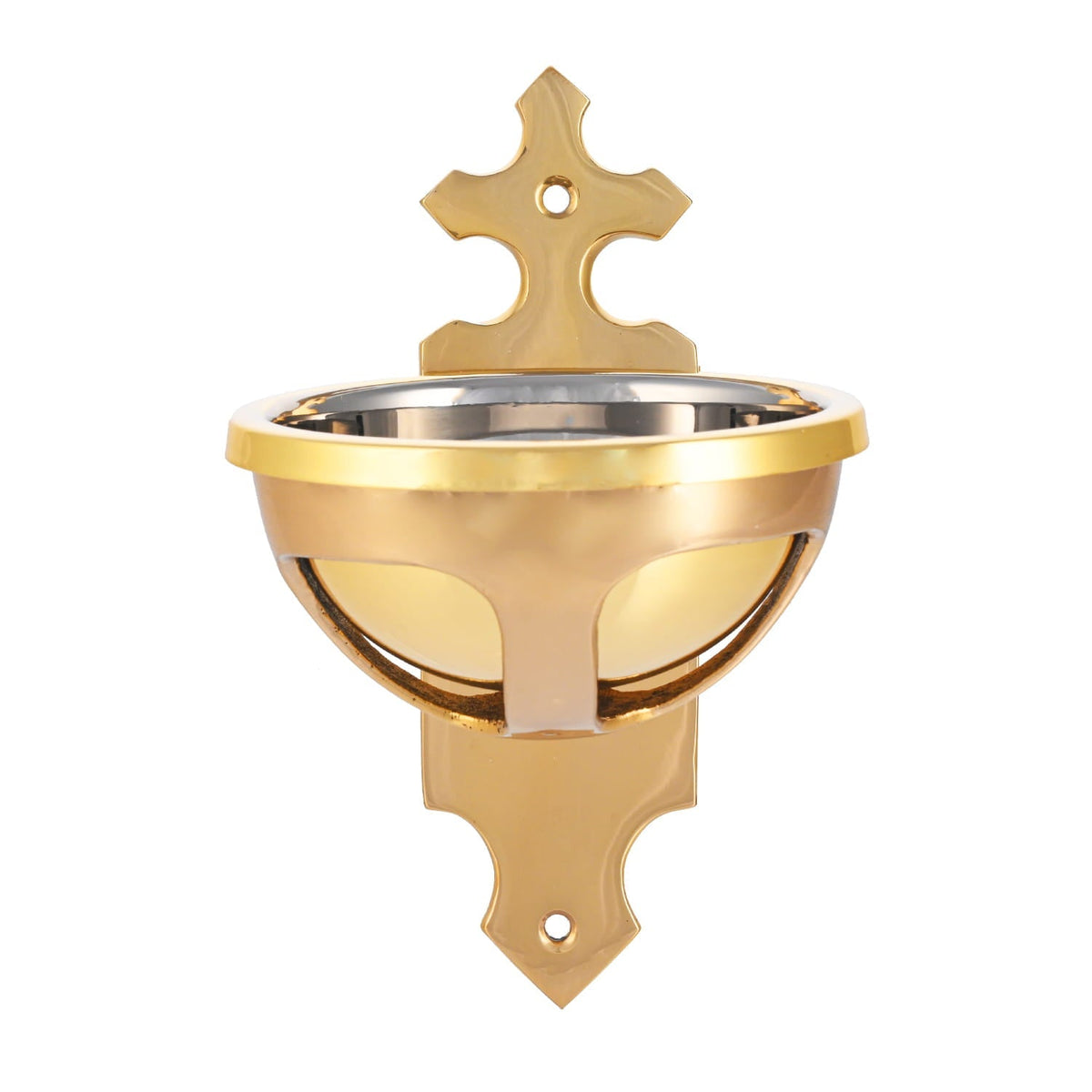 Weihwasserbecken aus Messing mit Kreuz, frontale Ansicht mit goldenem Kreuz und dekorativem Becken