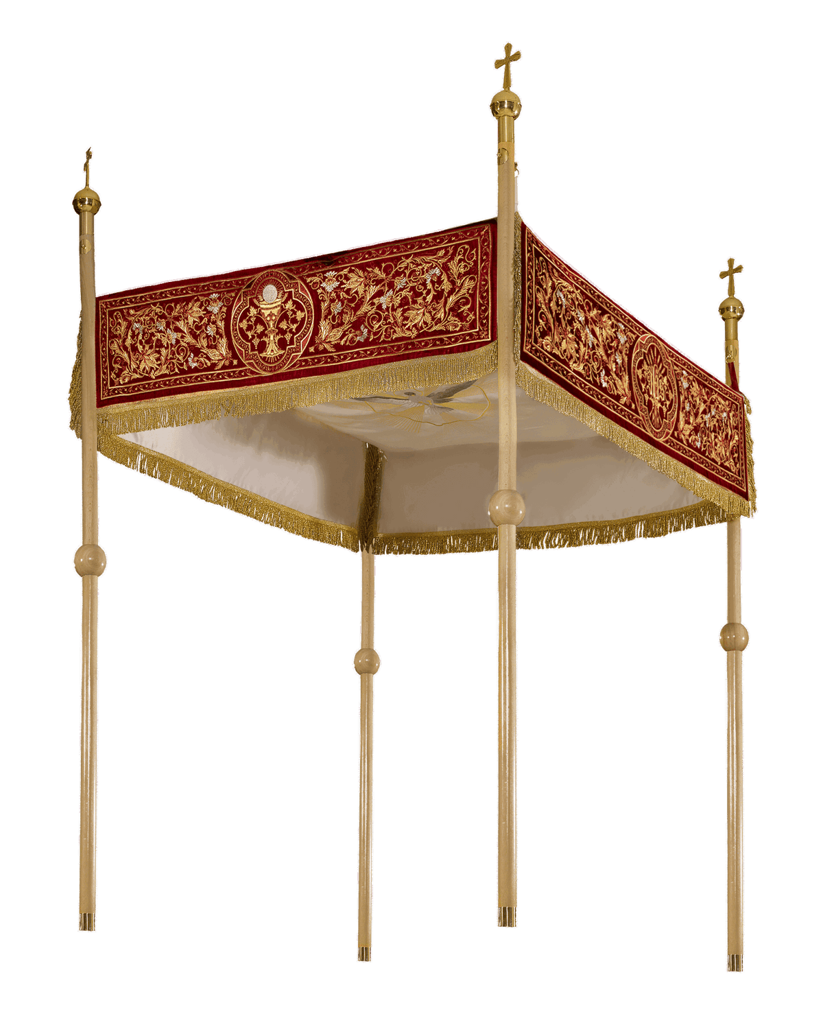 Prozessionshimmel bordeauxrot, Stickerei Herz Jesu, Kelch und Chi-Rho, 140×160 cm, Gesamtansicht