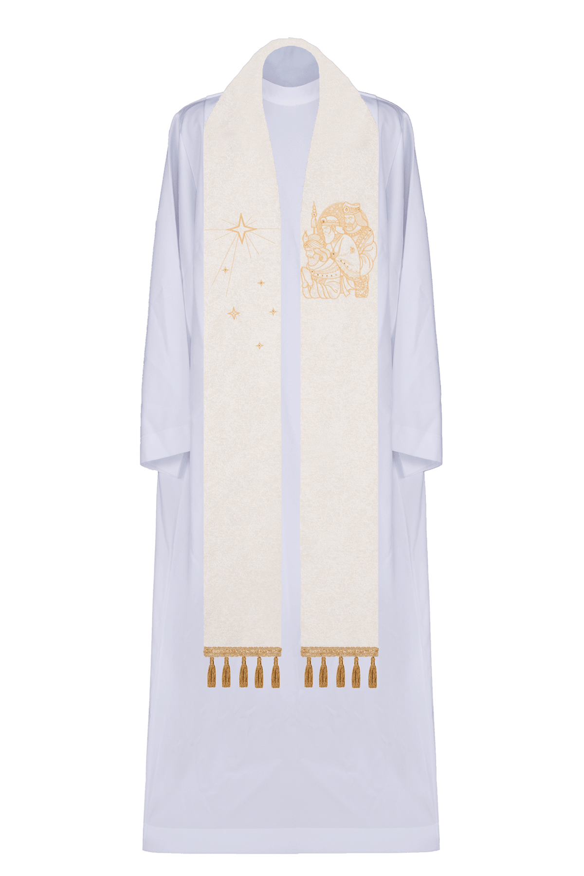 Bestickte Priesterstola mit Dreikönigsmotiv, cremefarben, Vorderansicht mit goldener Stickerei und Fransen