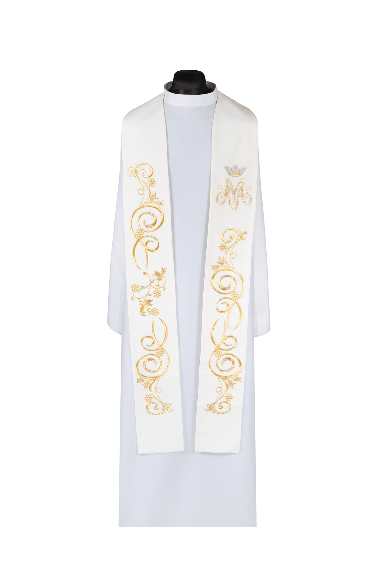 Bestickte Marienstola Ecru, Vorderansicht mit goldener Ornamentstickerei und Marienmonogramm