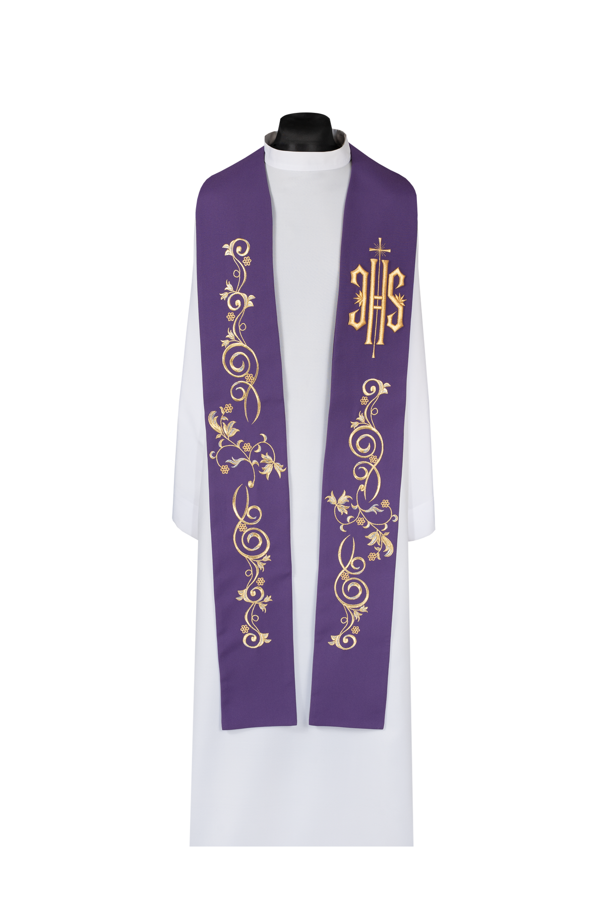 Priesterstola bestickt mit IHS Violett, Vorderansicht mit goldener IHS-Stickerei und floralen Ornamenten