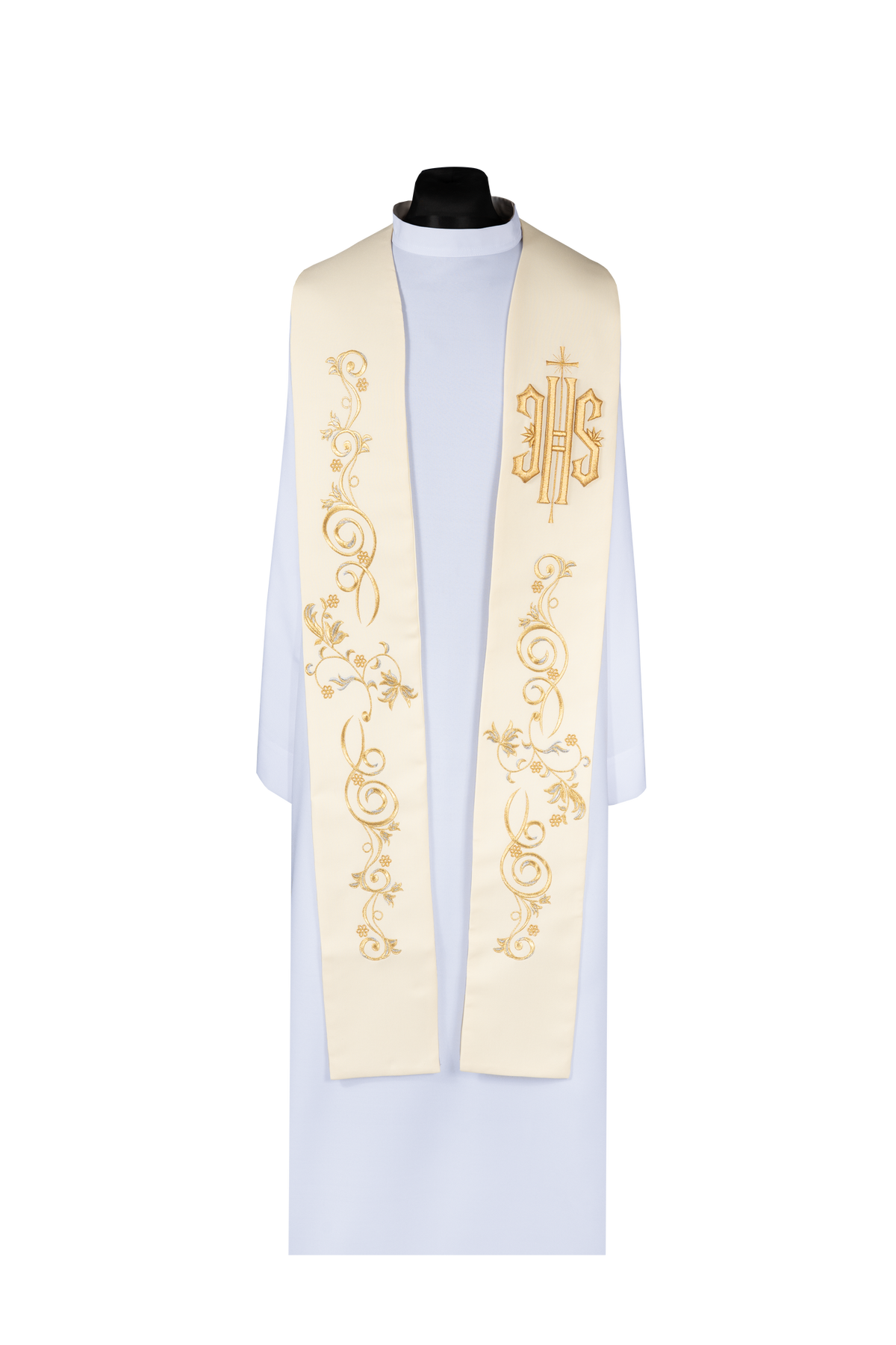 Priesterstola bestickt mit IHS Ecru, Vorderansicht mit goldener IHS-Stickerei und Rankenornamenten