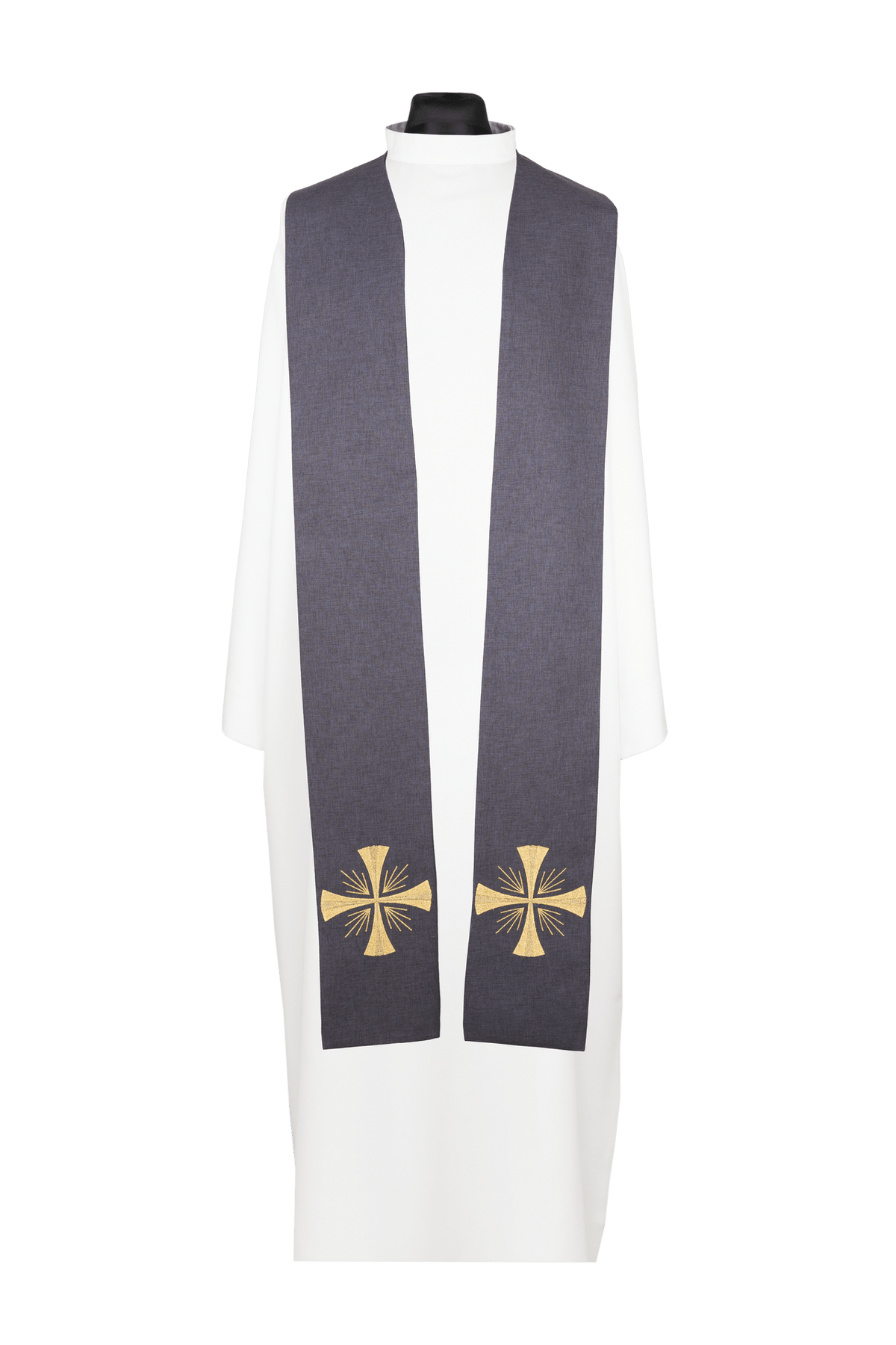 Priesterstola bestickt mit Kreuz violett, Vorderansicht mit zwei goldenen Kreuzstickereien