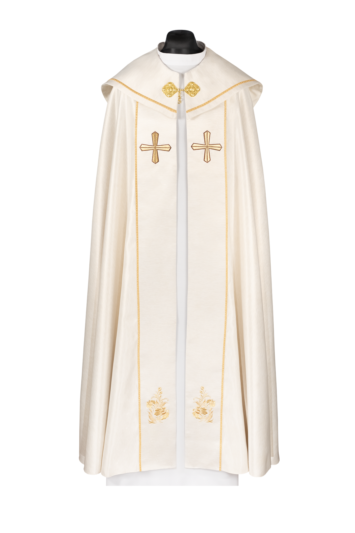 Bestickter liturgischer Rauchmantel mit Kreuz Ecru, Vorderansicht mit goldenen Kreuzen und Blumenstickerei