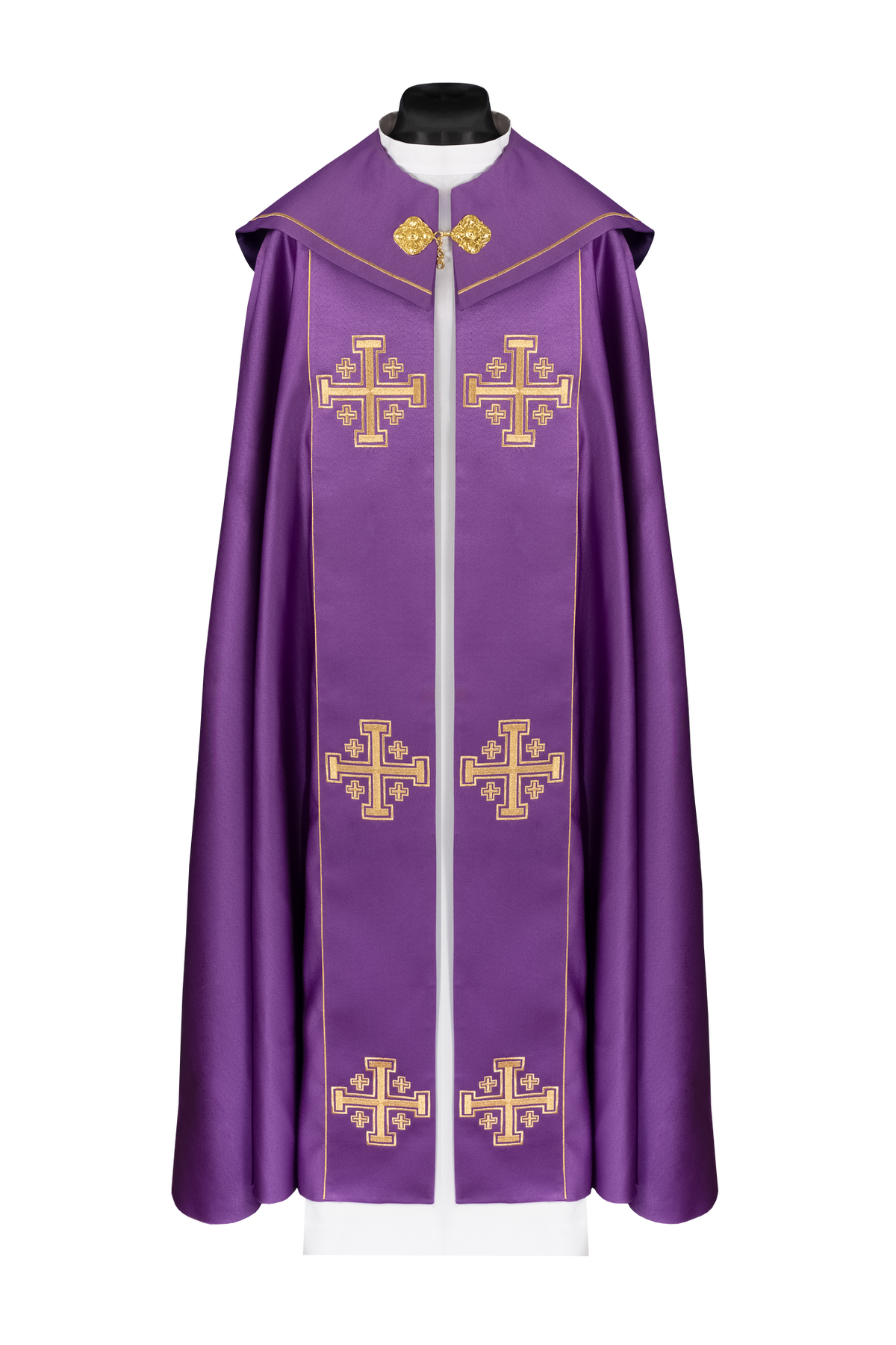 Violetter liturgischer Rauchmantel mit Besatz und Kreuzstickerei, Vorderansicht mit goldenen Kreuzen