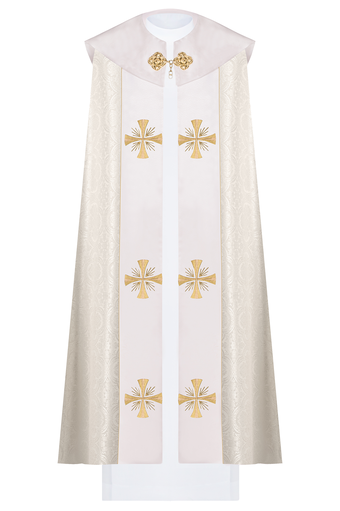 Ecru Rauchmantel mit goldenem IHS, Vorderansicht mit goldenen Kreuzen und ornamentiertem Stoff