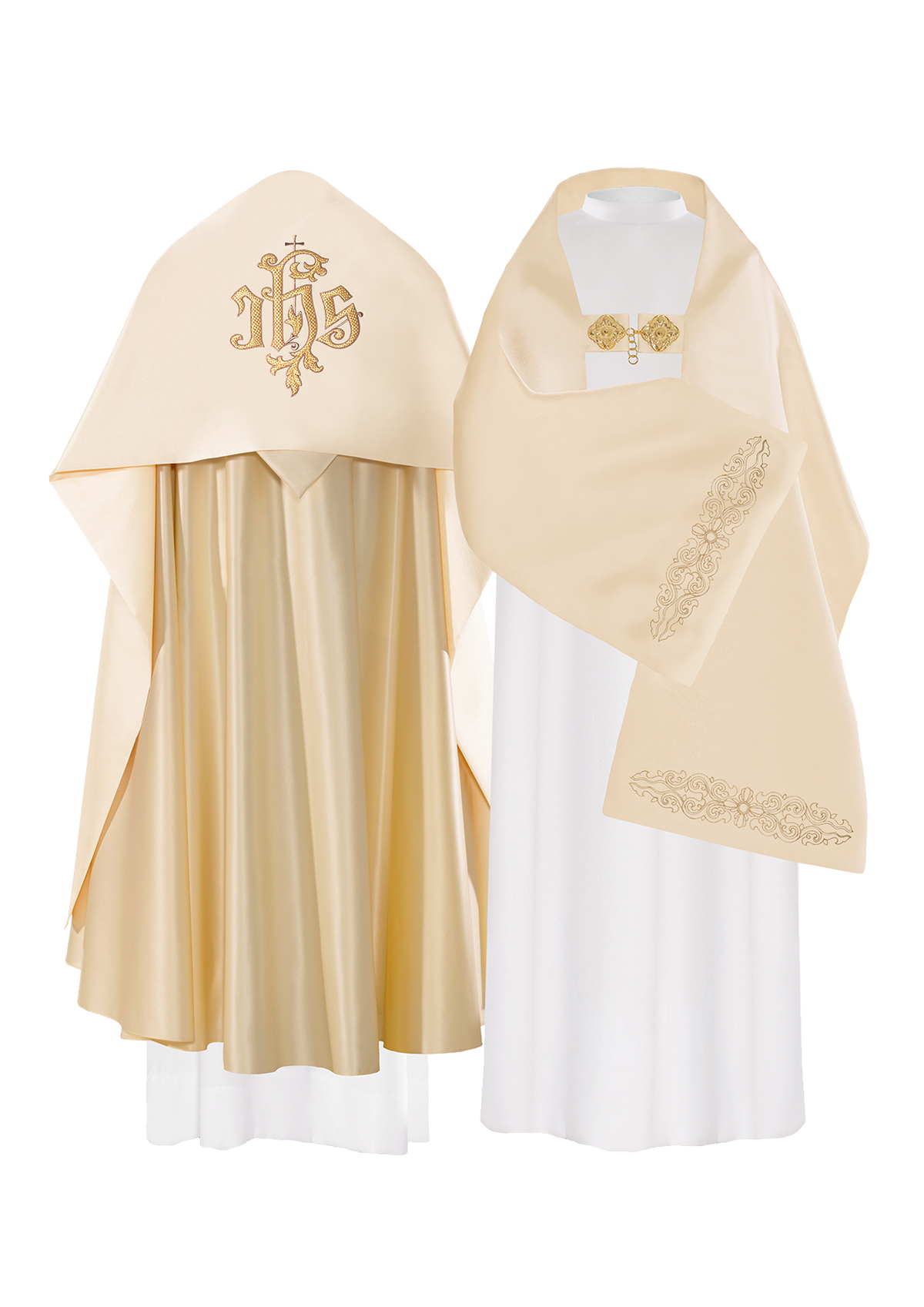Besticktes liturgisches Schultervelum mit IHS, ecru, Vorder- und Rückansicht mit goldener Stickerei