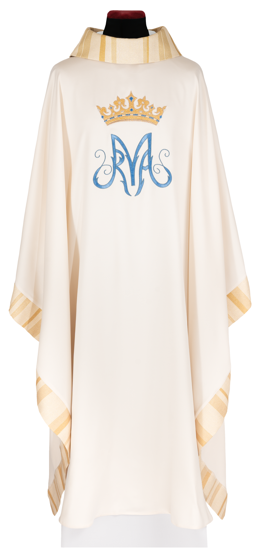 Bestickte Kasel in Ecru mit marianischem Motiv, Vorderansicht mit gold-blauer Krone und Monogramm