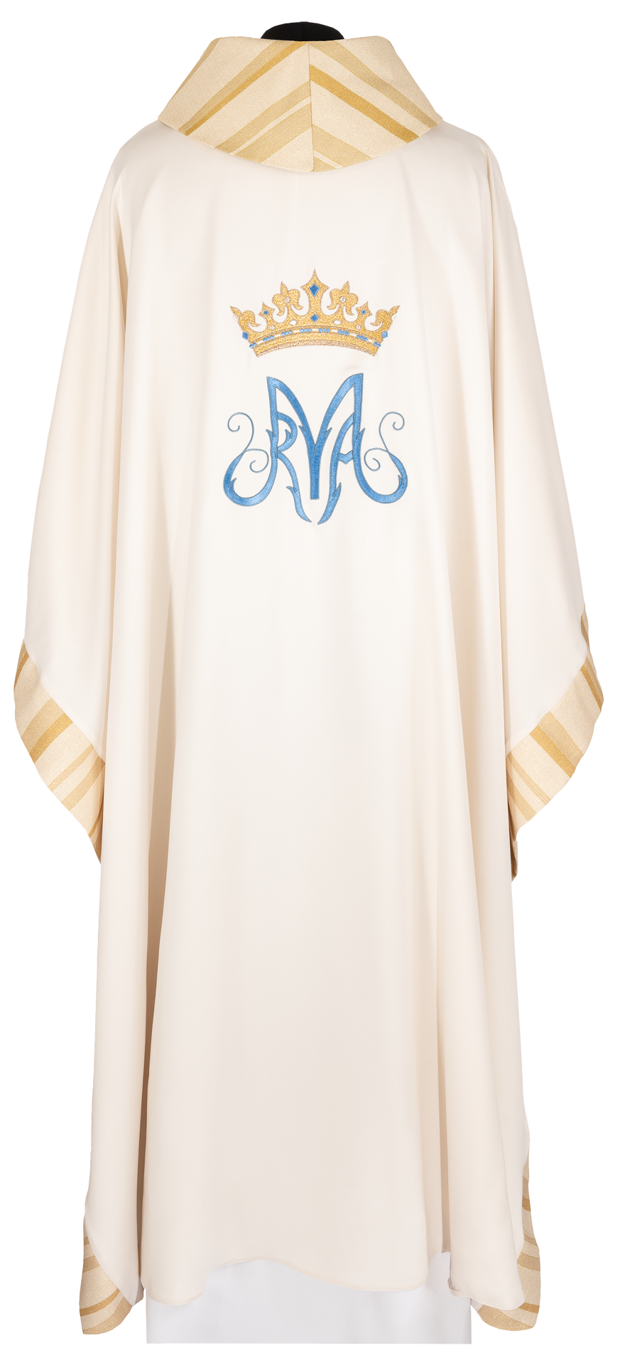 Kasel in Ecru, Rückansicht mit gold-blauer Krone und marianischem Monogramm