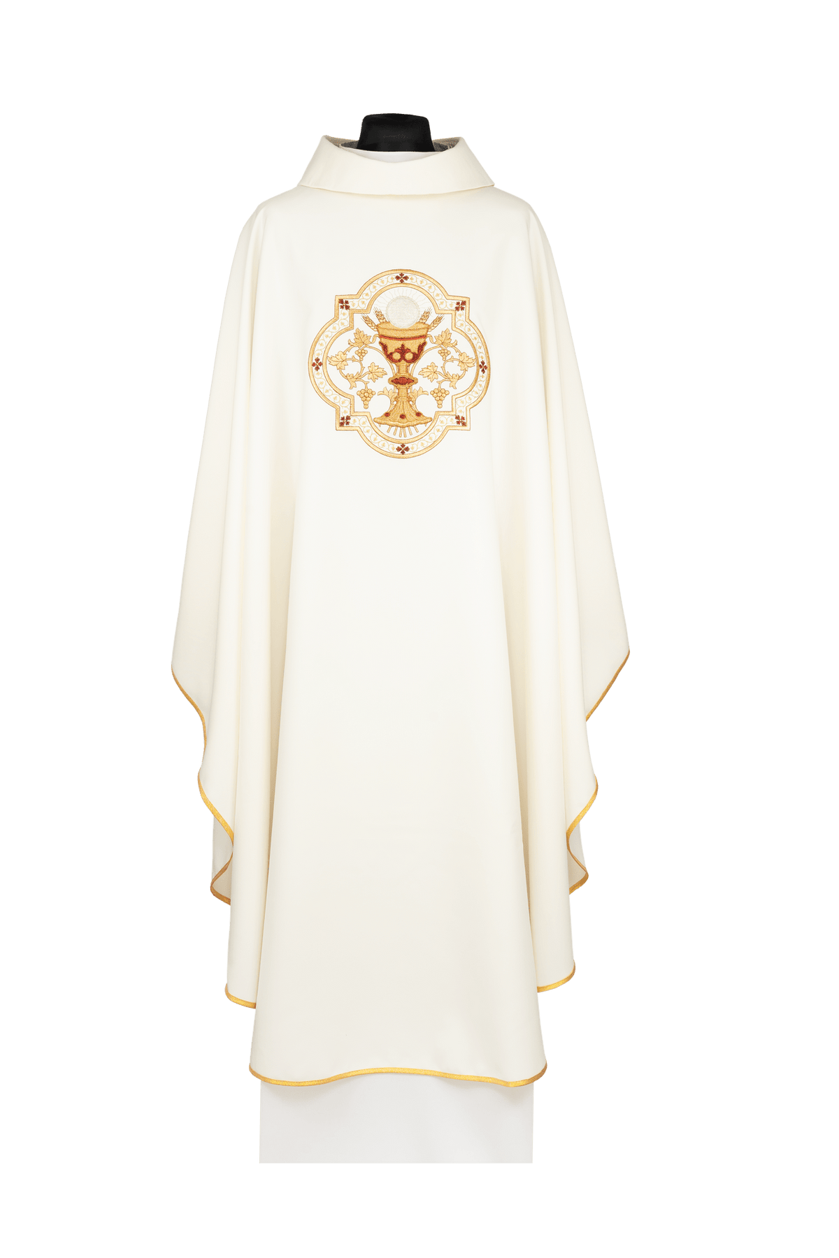 Bestickte Kasel mit Motiv des eucharistischen Kelchs und dem Symbol IHS, Vorderansicht in Ecru