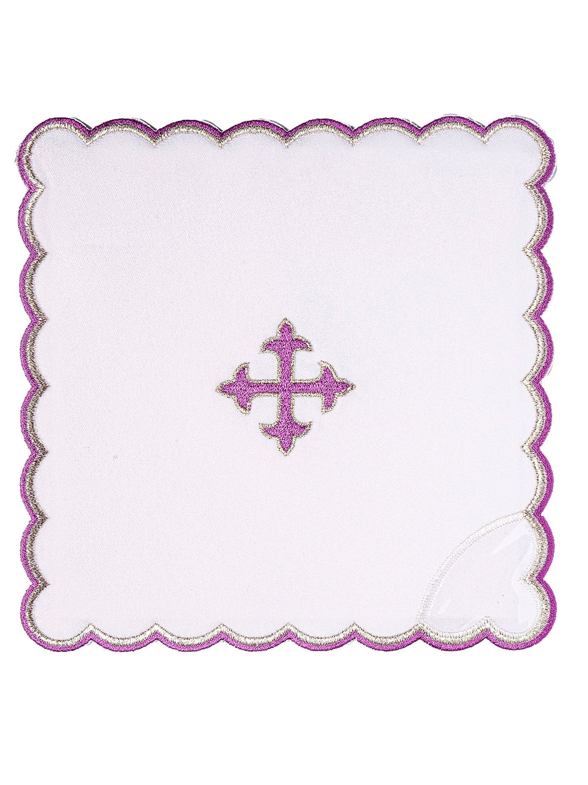 Kelchwäsche-Set, eckige weiße Palla mit violett-goldener Kreuzstickerei