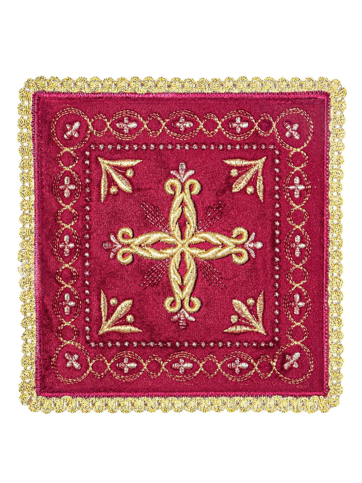 Eckige weinrote Palla mit goldener Kreuzstickerei und umlaufender Goldborte