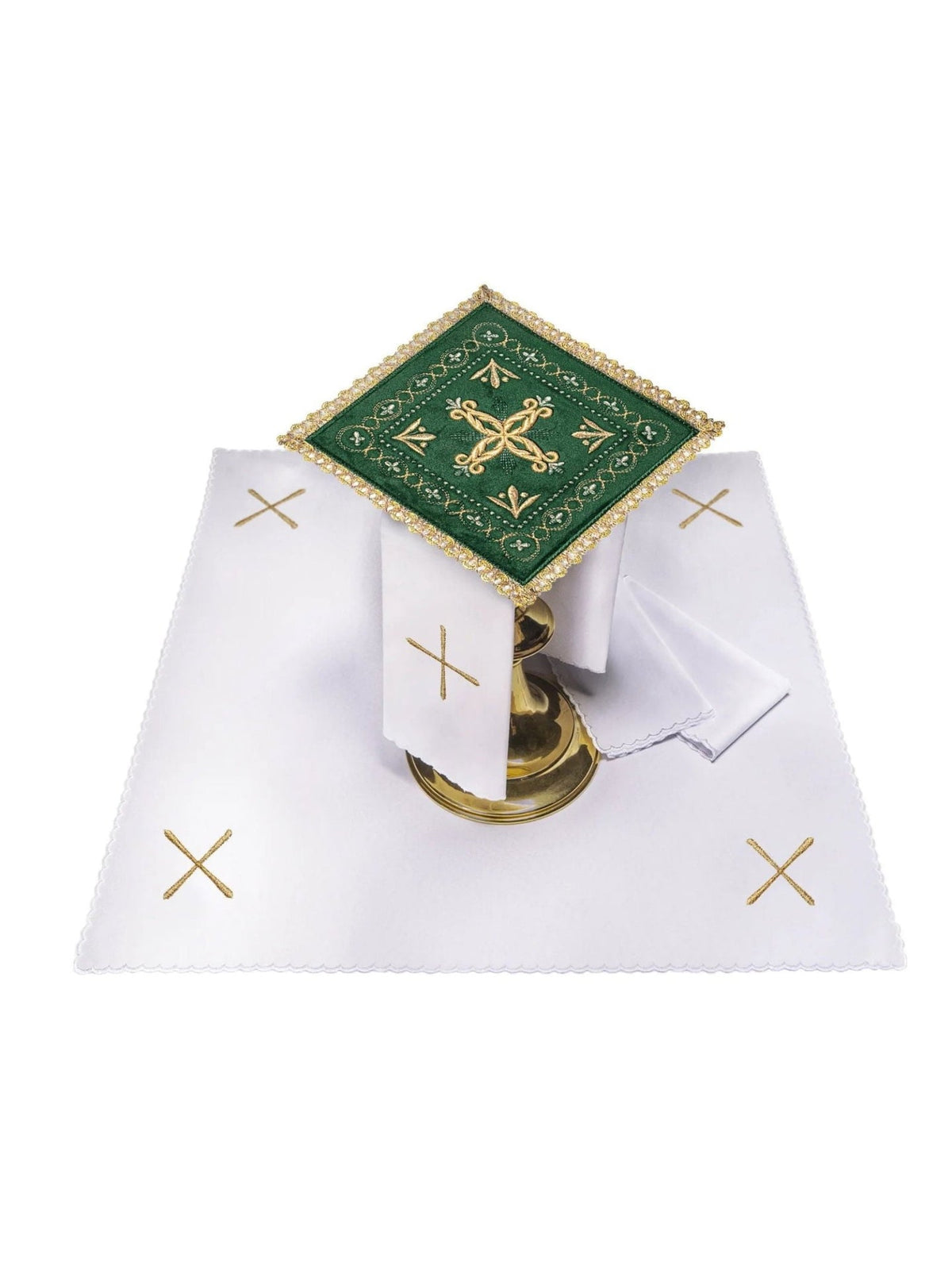 Bestickte Tasse Leinen Grüner Samt, grüne Samttasche mit goldener Stickerei und Spitzenborte
