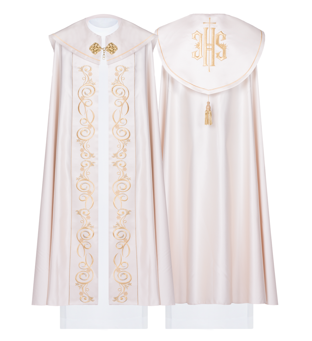 Bestickter liturgischer Rauchmantel in Ecru, Vorder- und Rückansicht mit goldener Stickerei