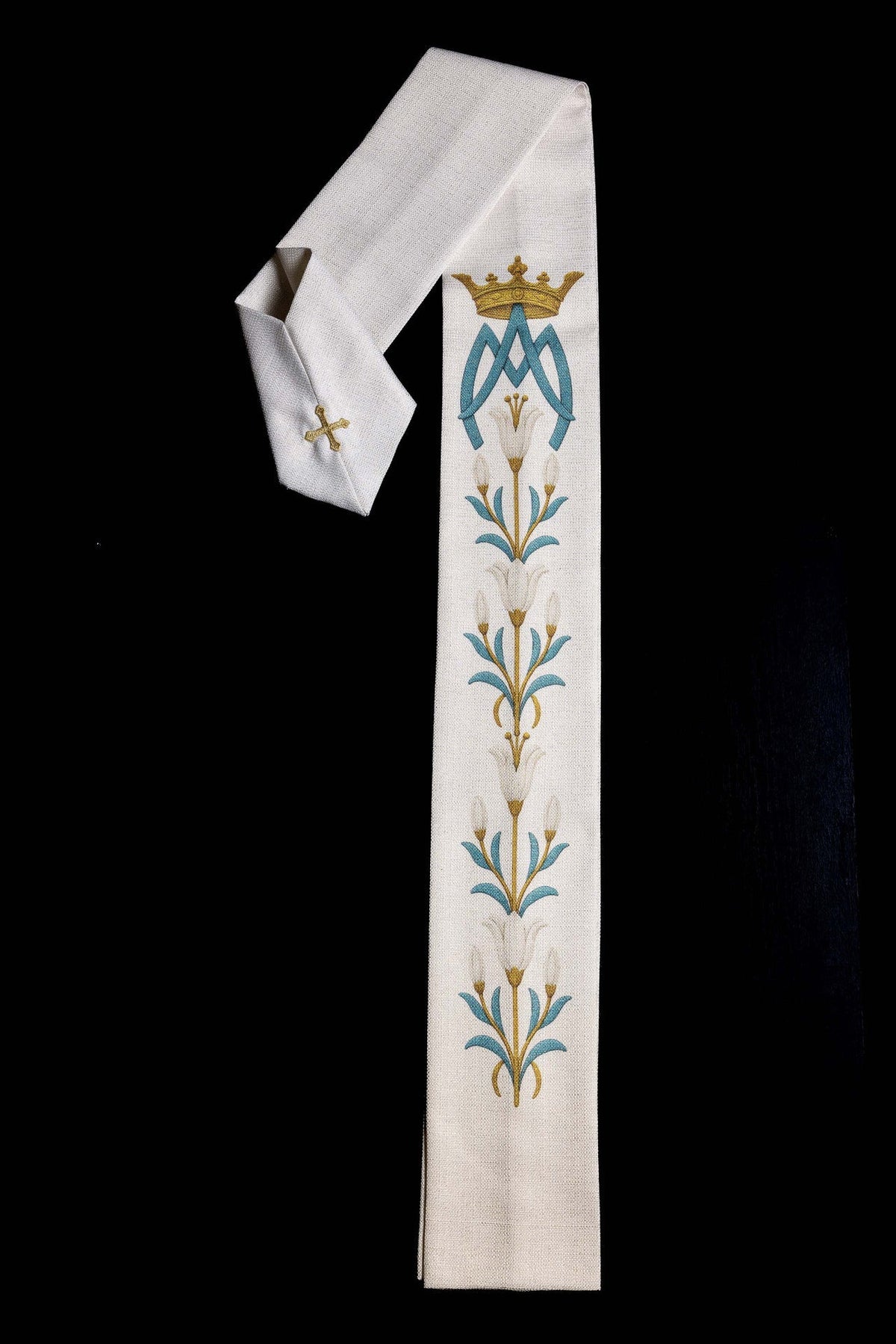 Marien-Kasel Ecru, passende Stola mit Marienmonogramm und Lilienmuster