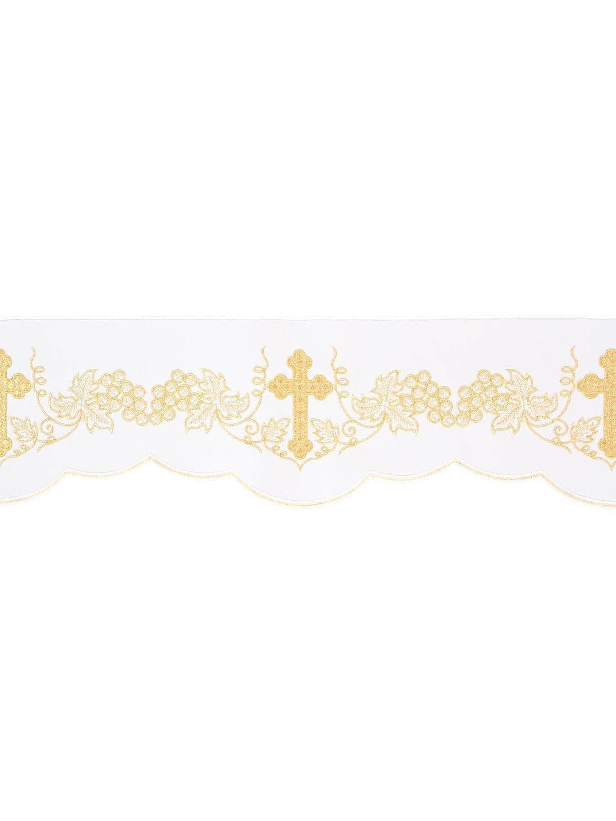 Meter mit Kreuz und Trauben Frontstickerei Weiß, Detailansicht der goldenen Stickerei auf weißem Grund