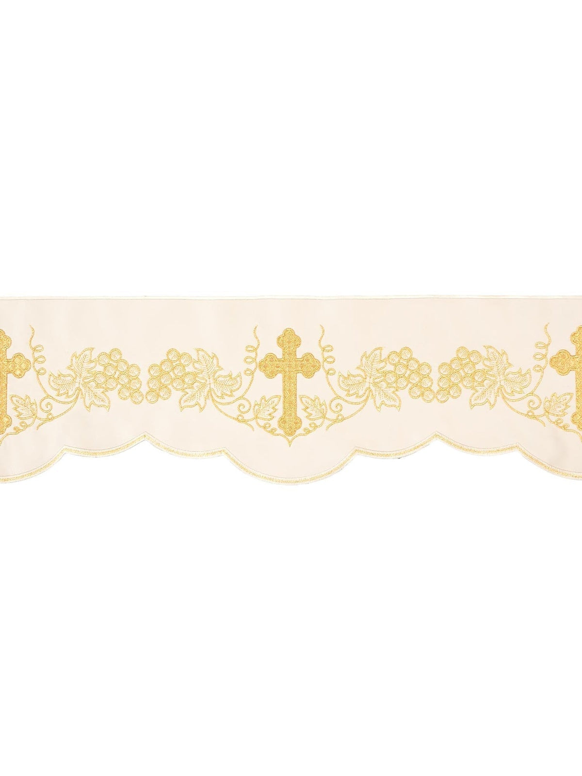 Meterware mit Stickerei vorne Kreuz und Trauben Ecru, Gesamtansicht mit Goldstickerei und Bogenkante