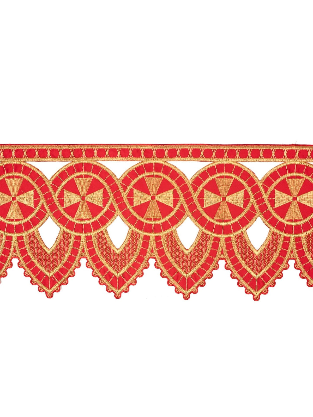 Meter mit Frontstickerei Rotes Kreuz, rote Borte mit goldener Stickerei und Kreuzmotiven